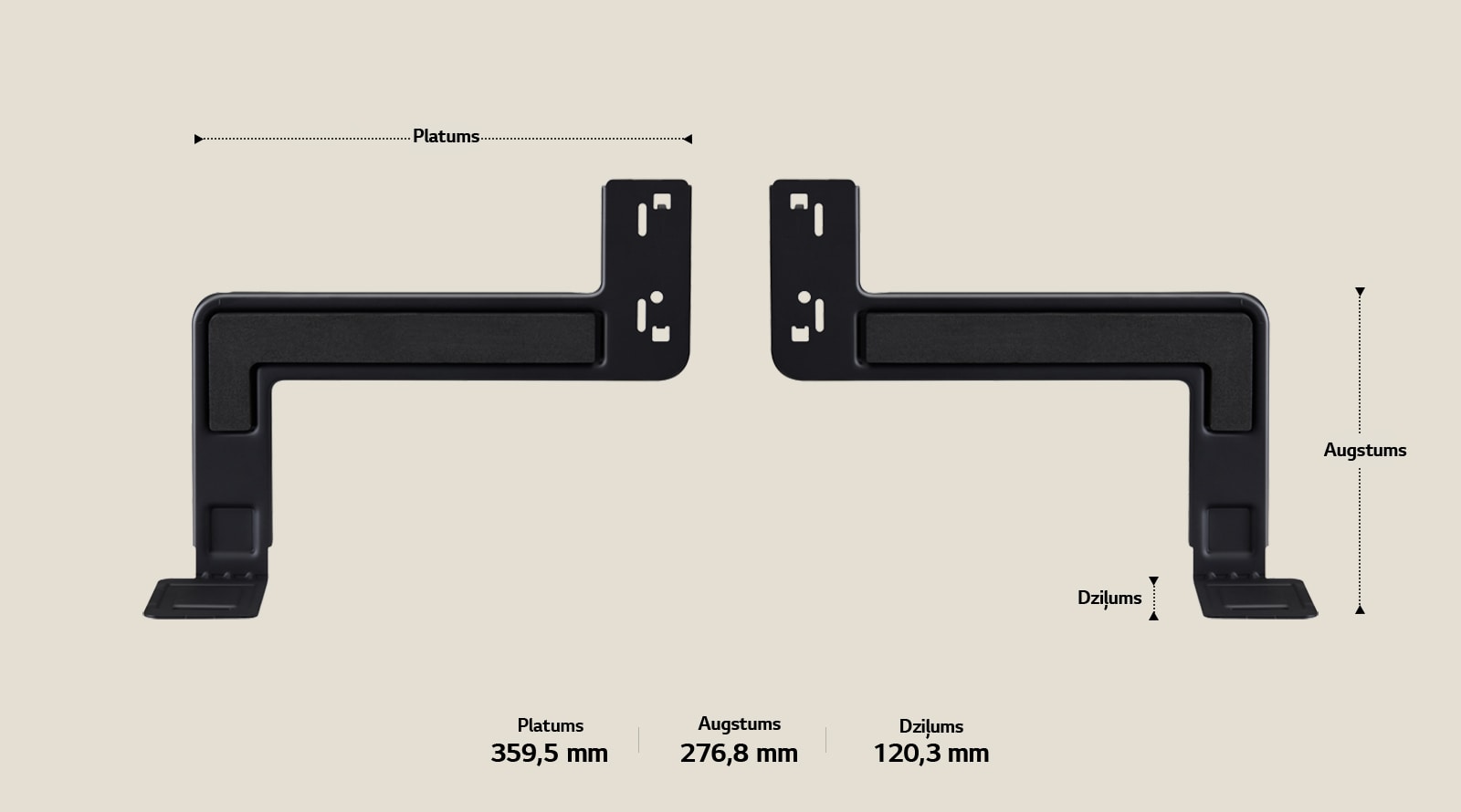 Divas WOW Bracket sastāvdaļas gareniski novietotas uz smilškrāsas fona. Platums, augstums un dziļums ir marķēti un parādīti ar bultiņām. Apakšā ir šādas specifikācijas: platums 359,5 mm, augstums 276,8 mm, dziļums 120,3 mm.
