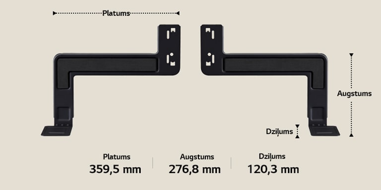 Divas WOW Bracket sastāvdaļas gareniski novietotas uz smilškrāsas fona. Platums, augstums un dziļums ir marķēti un parādīti ar bultiņām. Apakšā ir šādas specifikācijas: platums 359,5 mm, augstums 276,8 mm, dziļums 120,3 mm.