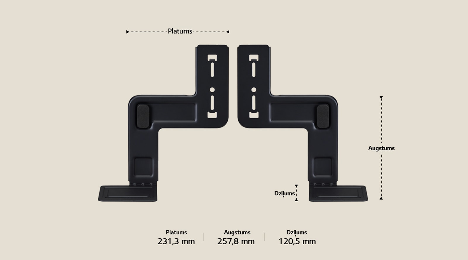 Divas WOW Bracket sastāvdaļas novietotas vertikāli uz smilškrāsas fona. Platums, augstums un dziļums ir marķēti un parādīti ar bultiņām. Apakšā ir šādas specifikācijas: platums 231,3 mm, augstums 257,8 mm, dziļums 120,5 mm.
