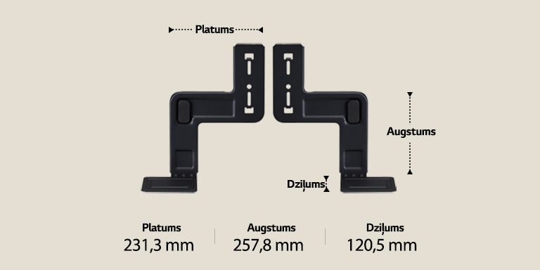 Divas WOW Bracket sastāvdaļas novietotas vertikāli uz smilškrāsas fona. Platums, augstums un dziļums ir marķēti un parādīti ar bultiņām. Apakšā ir šādas specifikācijas: platums 231,3 mm, augstums 257,8 mm, dziļums 120,5 mm.