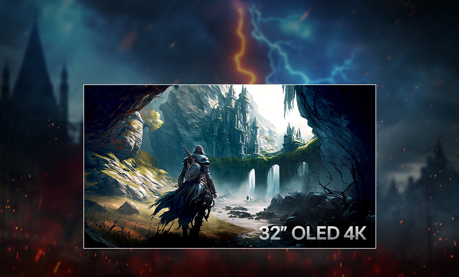 Fantāzijas tematikas 32 collu 4K OLED spēļu monitora displejā ir attēlots karotājs, kas stāv mistiskas pils ainavas priekšā. Augšpusē esošais teksts vēsta “4K Clarity that keeps you in control with OLED” (4K skaidrība, kas ļauj jums kontrolēt ar OLED), reklamējot vizuālās skaidrības un detaļu priekšrocības. Papildtekstā ir uzsvērta 3840×2160 izšķirtspēja un iespaidīgā attēla kvalitāte, ko nodrošina OLED tehnoloģija.