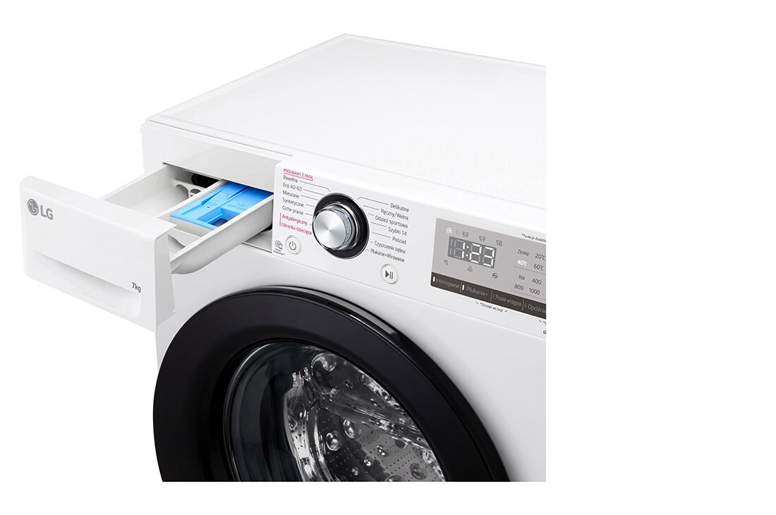 LG šaura veļas mašīna 7kg | AIDD |&nbsp;V3 sērija A–10% |&nbsp;Dziļums 47.5 cm |Balta | Steam | F2WV3S7S6E, Top Right Drawer Open view, F2WV3S7S6E, thumbnail 5