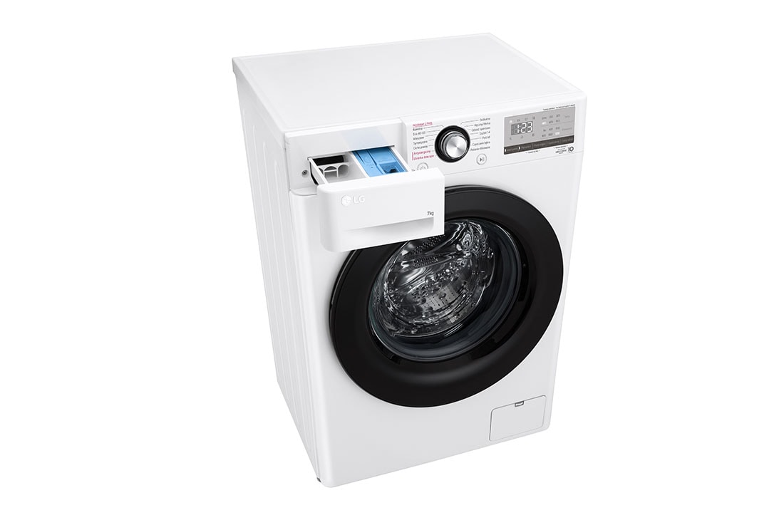 LG šaura veļas mašīna 7kg | AIDD |&nbsp;V3 sērija A–10% |&nbsp;Dziļums 47.5 cm |Balta | Steam | F2WV3S7S6E, Top Left Perspective view with Drawer Open, F2WV3S7S6E, thumbnail 9
