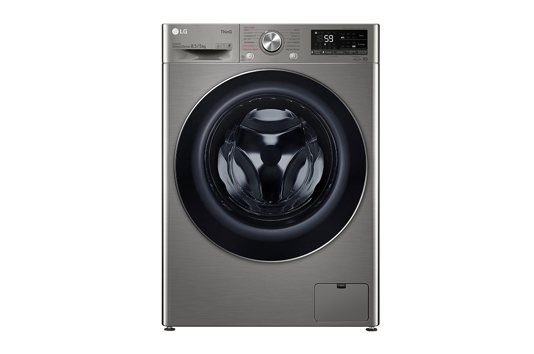 LG šaura veļas mašīna ar žāvētāju 8.5/5kg | AIDD | R5 sērija A/E | Dziļums 47.5 cm | Tumši pelēka | Turbowash | Steam | WiFi |F2DV5S8S2PE, skats no priekšas, F2DV5S8S2PE