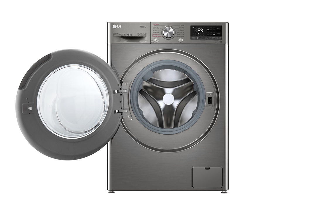 LG šaura veļas mašīna ar žāvētāju 8.5/5kg | AIDD | R5 sērija A/E | Dziļums 47.5 cm | Tumši pelēka | Turbowash | Steam | WiFi |F2DV5S8S2PE, priekšējo durvju atvērtais skats, F2DV5S8S2PE, thumbnail 2