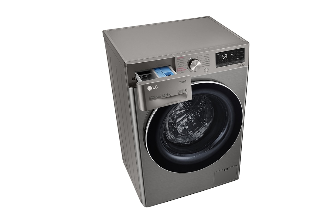 LG šaura veļas mašīna ar žāvētāju 8.5/5kg | AIDD | R5 sērija A/E | Dziļums 47.5 cm | Tumši pelēka | Turbowash | Steam | WiFi |F2DV5S8S2PE, augšējais perspektīvas skats ar atvērtu paplāti, F2DV5S8S2PE, thumbnail 9