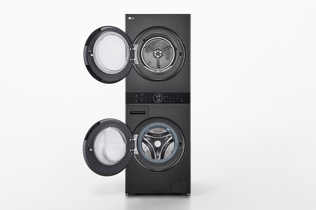 LG WashTower™ ar žāvētāju 12kg / 10kg | AIDD | A / A+++ | Dziļums 60 cm | Matēti melns | Turbowash360 | Steam | WT1210BBF, front door open, WT1210BBF, thumbnail 2