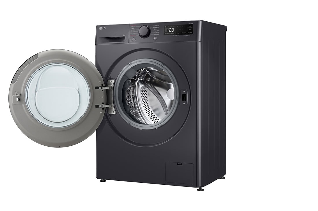 LG šaura veļas mašīna 8kg | AIDD | R5 sērija A–10% | Dziļums 47.5 cm I Melna | Steam | F2WR508S2M, Skats no labās puses ar atvērtām durvīm, F2WR508S2M, thumbnail 11