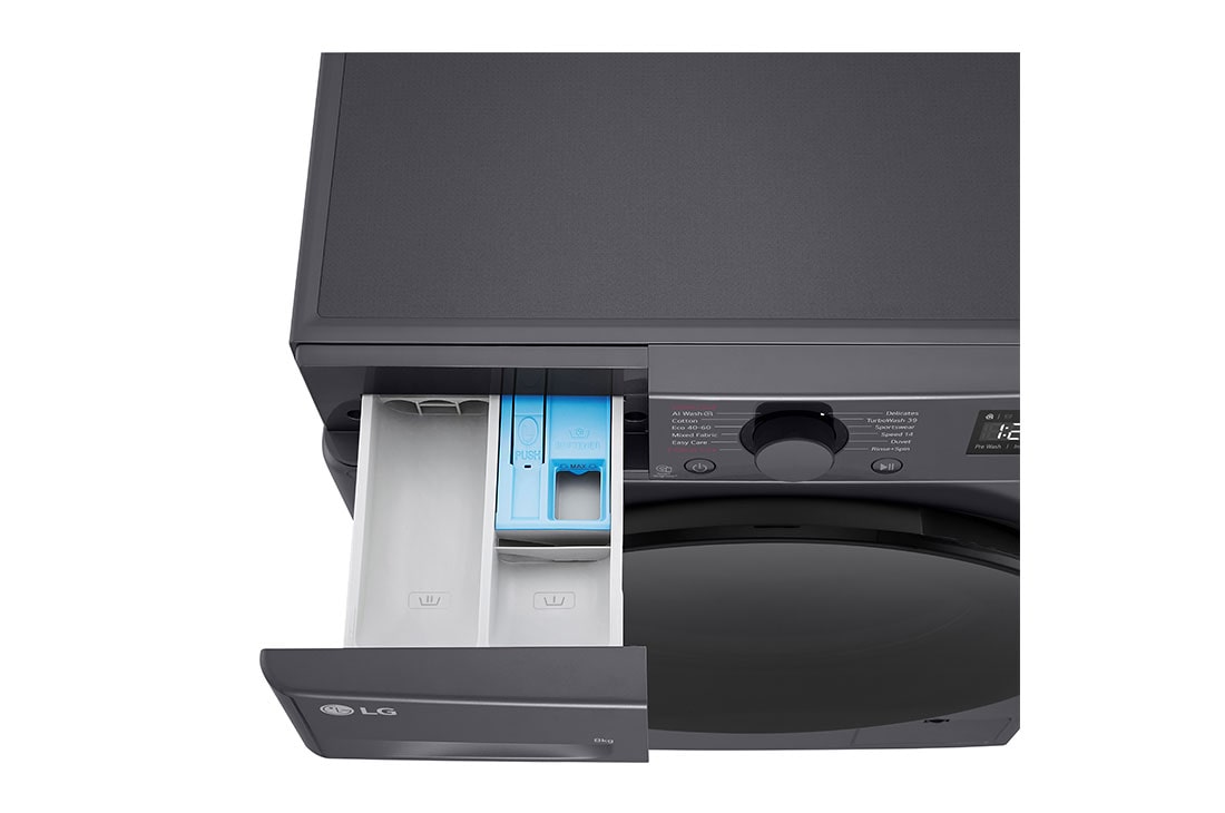 LG šaura veļas mašīna 8kg | AIDD | R5 sērija A–10% | Dziļums 47.5 cm I Melna | Steam | F2WR508S2M, Augšējais perspektīvas skats ar atvērtu mazgāšanas līdzekļa pieslēgvietu, F2WR508S2M, thumbnail 7
