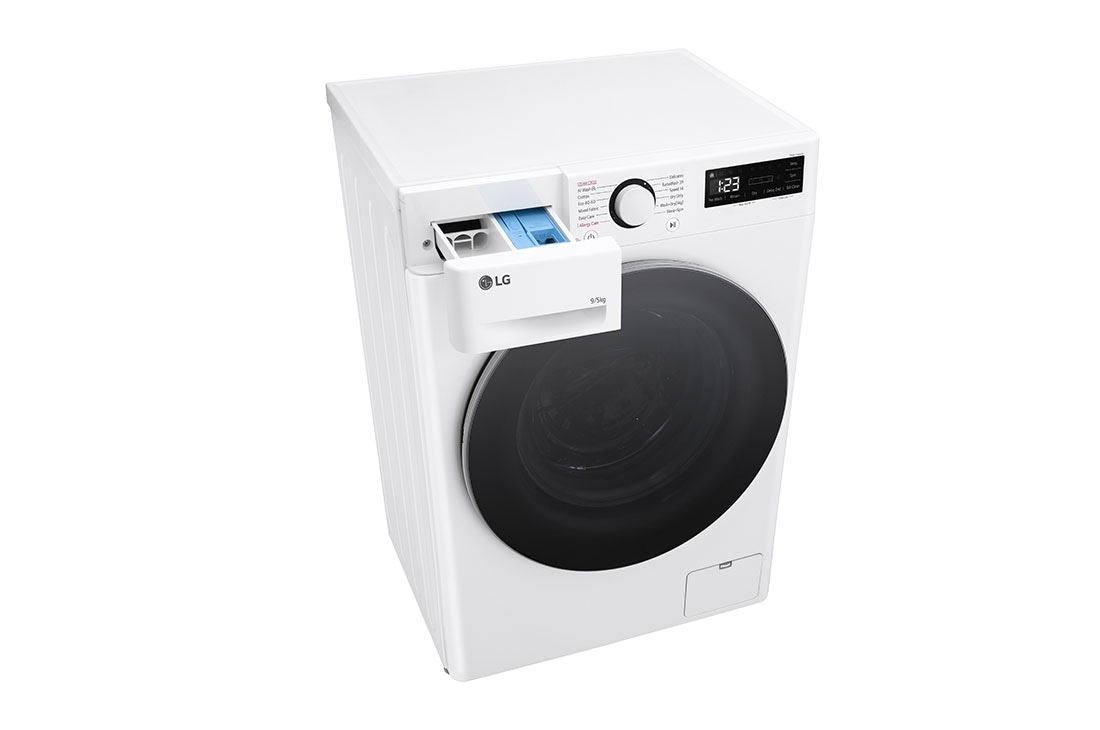 LG šaura veļas mašīna ar žāvētāju 9/5 kg | AIDD | V9 sērija A/E | Dziļums 47.5 cm I Balta | Turbowash360 | Steam | F2DR509S1W, Top perspective drawer open view, F2DR509S1W, thumbnail 9