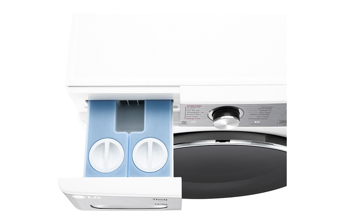 LG veļas mašīna ar žāvētāju 13/7kg | AIDD | R9 sērija A–10%/D | Dziļums 61.5 cm I Balta | Turbowash360 | Steam | WiFi | F4DR913P3WA, Top perspective drawer open, F4DR913P3WA, thumbnail 7