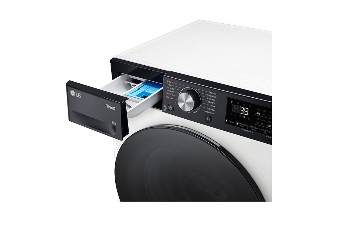 LG šaura veļas mašīna 8kg | AIDD | R7 sērija A–10% | Dziļums 47.5 cm I Balta | Turbowash360 | Steam | WiFi | F2WR708S2H, Detergent port view, F2WR708S2H, thumbnail 5