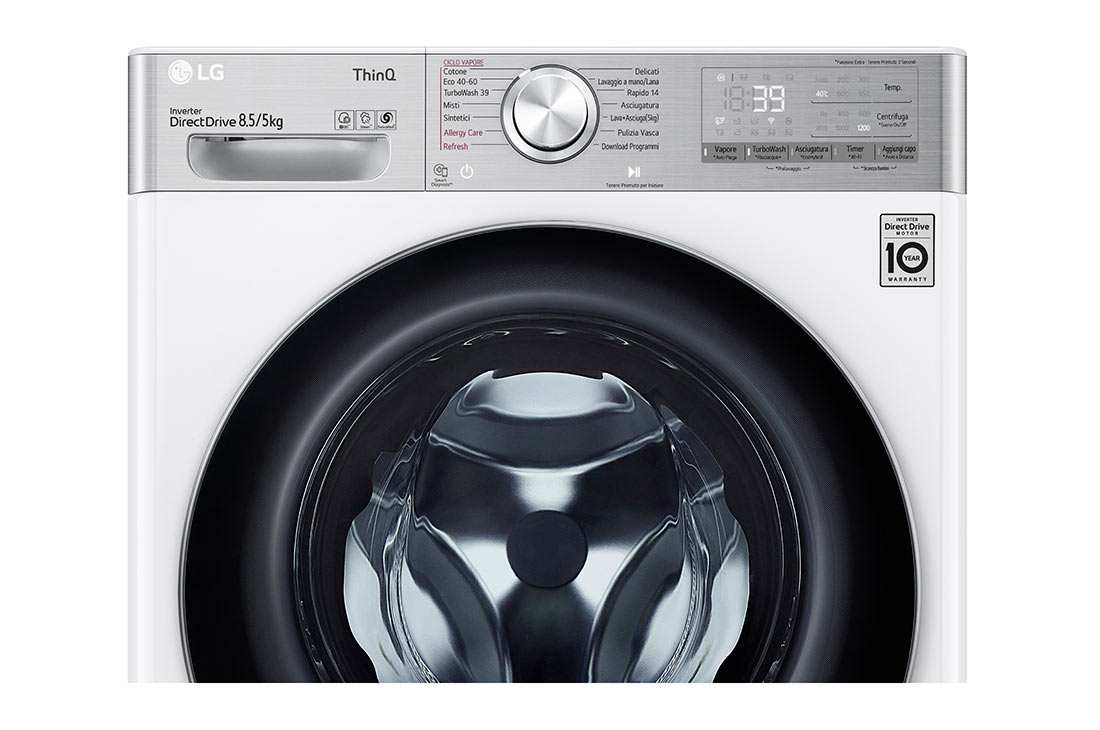 LG šaura veļas mašīna ar žāvētāju 8.5/5 kg | AIDD | V9 sērija A/E | Dziļums 47.5 cm I Balta | Turbowash360 | Steam | WiFi | F2DV9S8H2E, Front perspective, F2DV9S8H2E, thumbnail 6