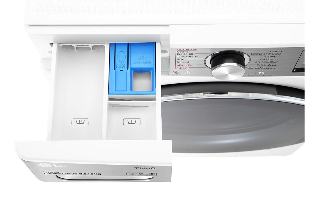 LG šaura veļas mašīna ar žāvētāju 8.5/5 kg | AIDD | V9 sērija A/E | Dziļums 47.5 cm I Balta | Turbowash360 | Steam | WiFi | F2DV9S8H2E, Top perspective drawer open, F2DV9S8H2E, thumbnail 7