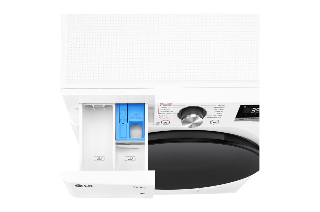 LG šaura veļas mašīna 9kg | AIDD | R7 sērija A–10% | Dziļums 47.5 cm I Balta | Turbowash360 | Steam | WiFi |F2WR709S2W, detergent port open view, F2WR709S2W, thumbnail 7