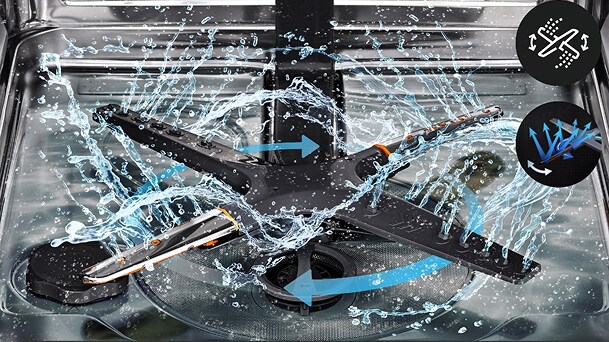 LG trauku mazgājamās mašīnas QuadWash smidzināšanas sprauslas mazgā traukus no vairākiem leņķiem, ilustrējot efektīvu mazgāšanas veiktspēju.	