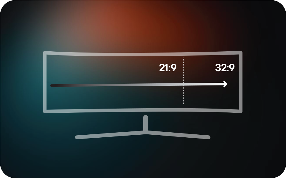 4K īpaši plats izliekts monitors ar līniju uz ekrāna, kas parāda 21:9 monitoru un 32:9 monitoru 5k2k oled spēļu pieredzei.