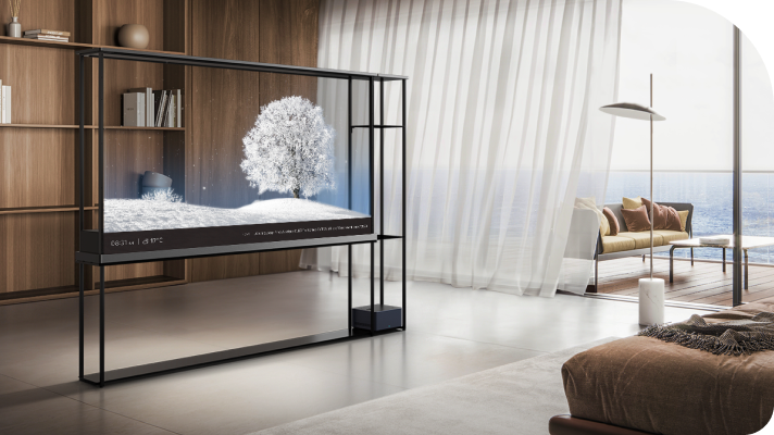 LG OLED T izgaismo sniegoto ainavu, sadalot dzīvojamo istabu kā starpsiena, netraucējot skatam uz okeānu ārpusē. 