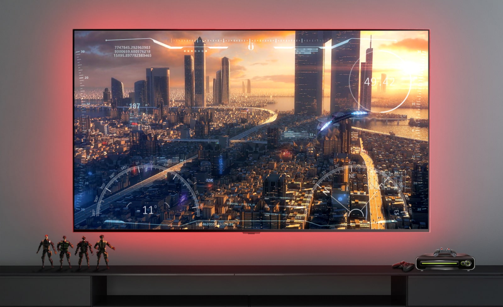 Une scène de jeux vidéo montrant un vaisseau volant au dessus d'une ville, sur un écran TV