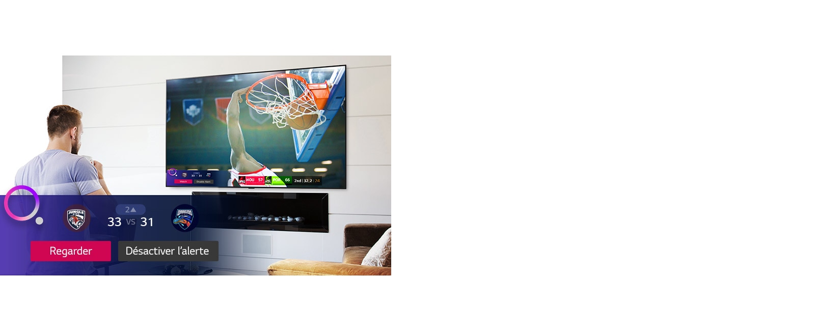 Écran de téléviseur montrant une scène d'un match de basket-ball avec une Sports Alert