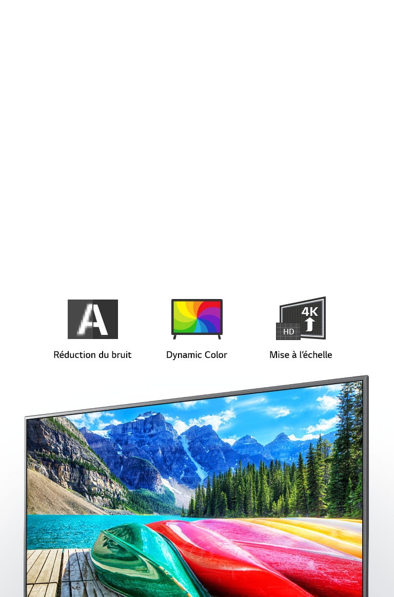 Icones des fonctions Réduction du bruit, Dynamic color et Mise à l'échelle, et écran de télévision présentant une vue panoramique des montagnes, de la forêt et d'un lac.