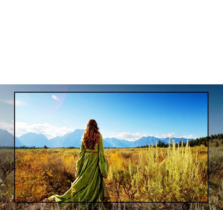 Un écran du téléviseur montrant une scène d'un film fantastique présentant une femme debout dans les champs face aux montagnes.