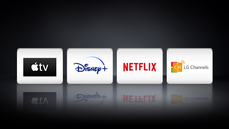Logos de quatre applications affichés de gauche à droite : Apple TV, Disney+, Netflix et LG Channels.