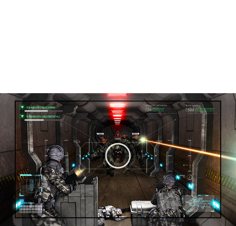 Téléviseur montrant une scène d'un jeu de tir où le joueur reçoit des armes supplémentaires des aliens.