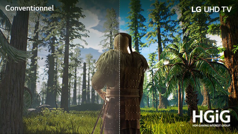 Écran de téléviseur montrant une scène de jeu avec un homme se tenant en pleine forêt. Une moitié de l'image est présentée sur un écran conventionnel avec une qualité d'image médiocre. L'autre moitié est présentée sur un écran de téléviseur UHD LG avec une qualité d'image lumineuse et réaliste.