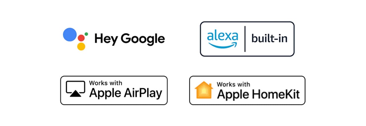 Détails montrant les logos de Hey Google, Alexa, Apple Airplay et Apple HomeKit avec lesquels ThinQ AI est compatible.