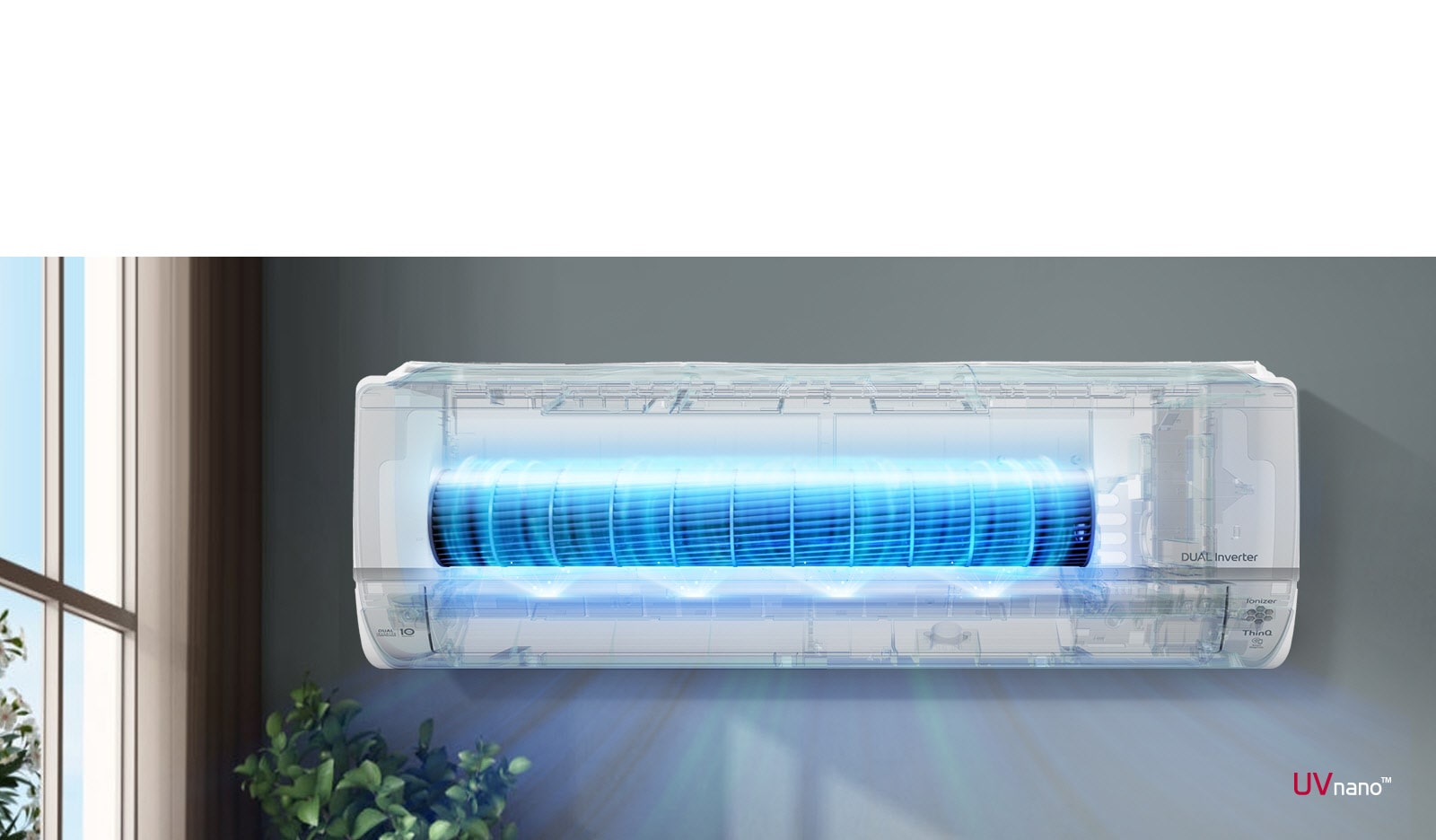 A video shows the front view of the air conditioner installed on a wall. The front of the machine is see through and it turns on to show the inner workings. The fans are highlighted blue to show the UV LED light that removes bacteria. Air blows out of the machine. The UVnano logo is in the bottom right corner.