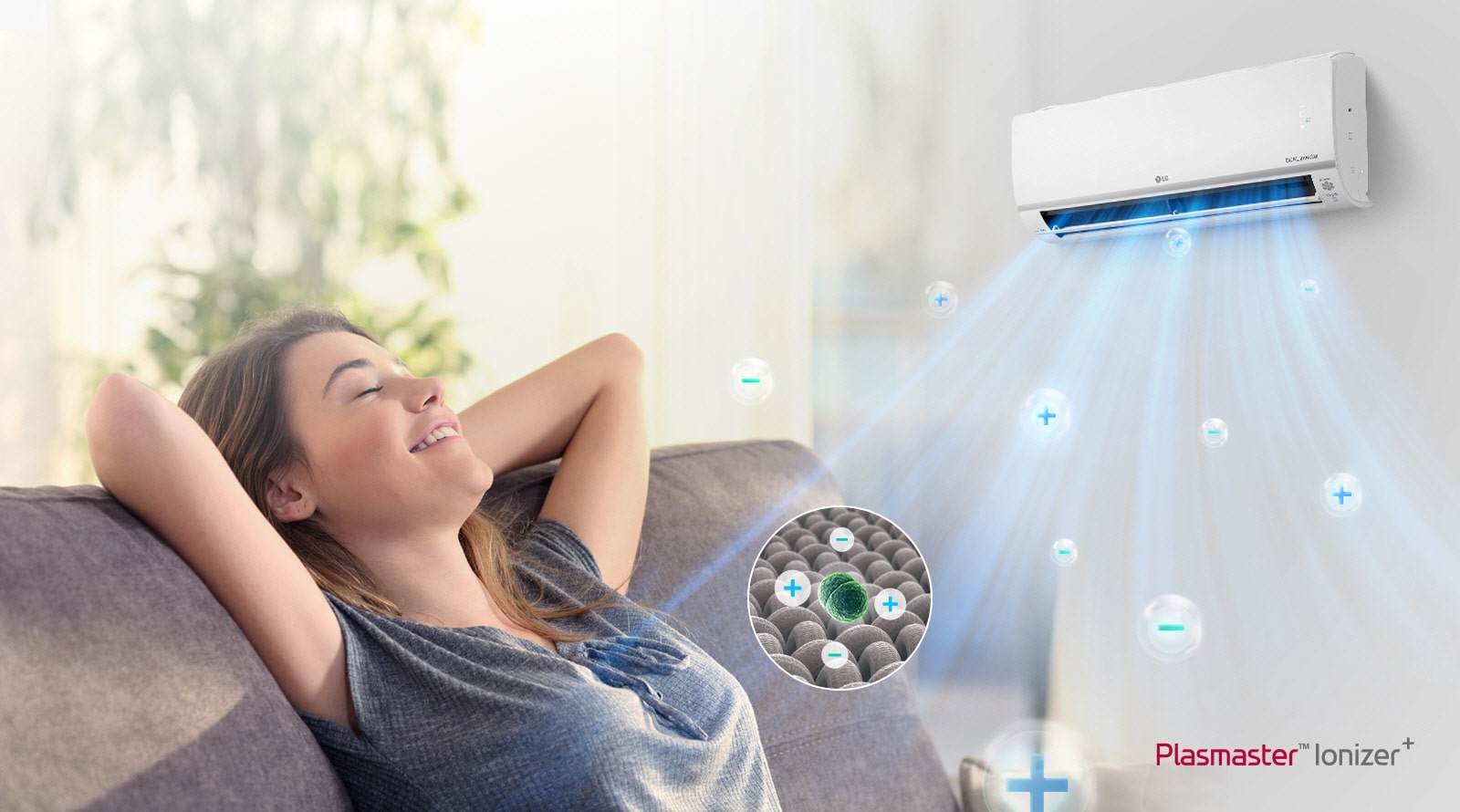 Une femme s’étire sur le sol. En arrière-plan se trouve le climatiseur, et de l’air bleu s’écoule sur la femme et la pièce. Le logo Dual Inverter se trouve dans le coin inférieur droit.