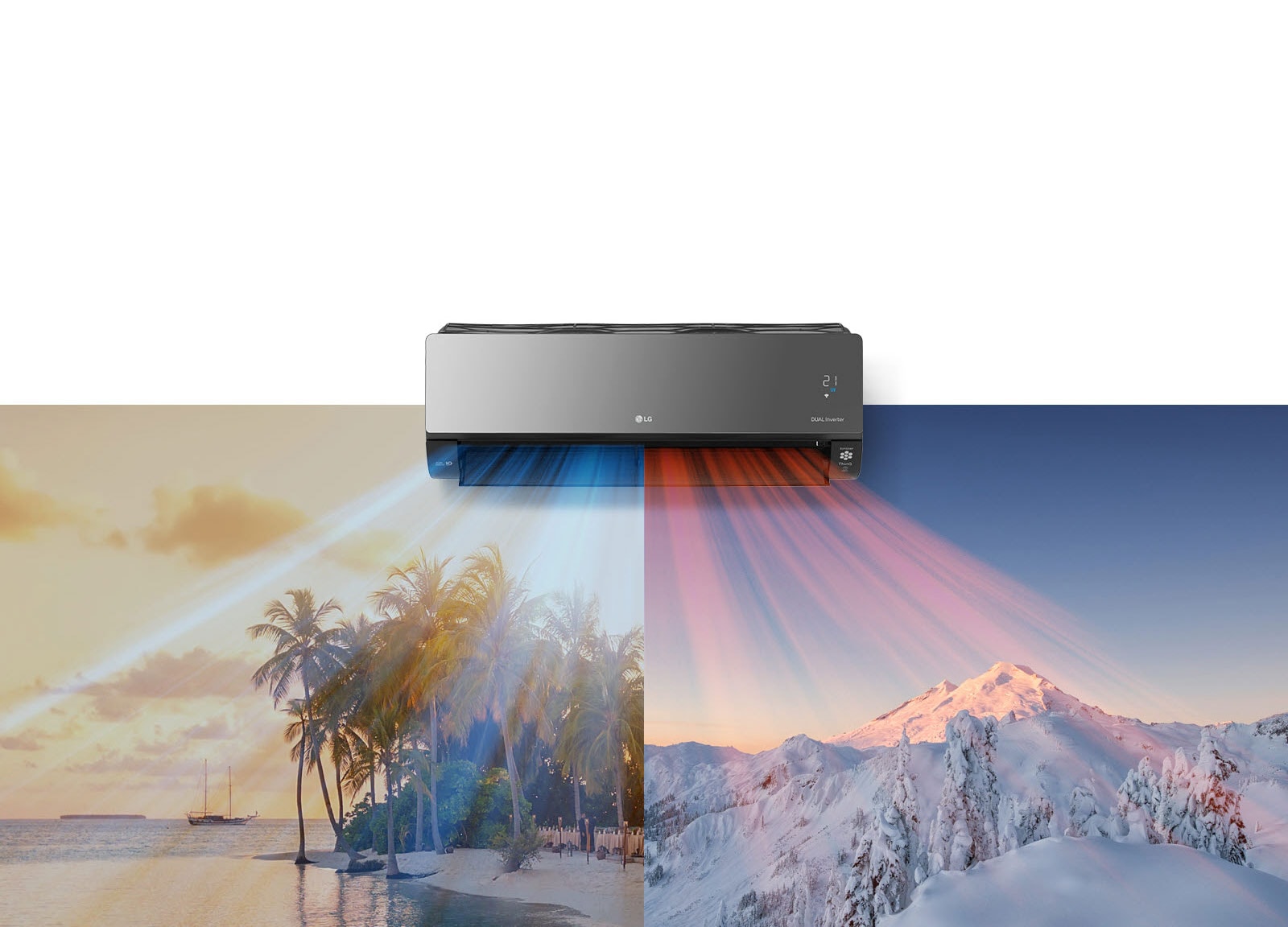An LG air conditioner is hanging at the top center of the image. Beneath it are two images, one image shows a hot beach scene and the other shows a snowy mountain scene. Air blows out of the air conditioner with cool blue air on the beach scene and warm red air across the snowy scene.