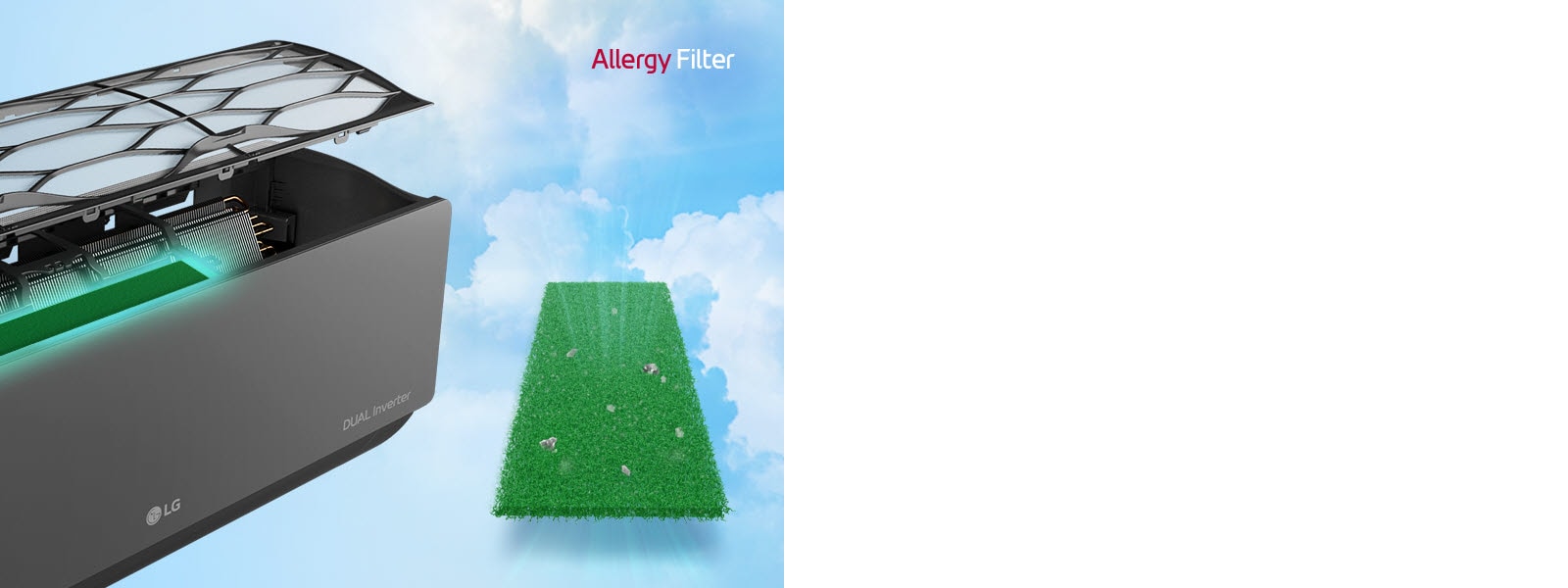 The side angle of the air conditioner is shown with the filters floating above to show the allergy filter installed inside. Beside the machine is the entire green allergy filter with dust mites caught in it. The Allergy Filter logo is in the upper right corner.