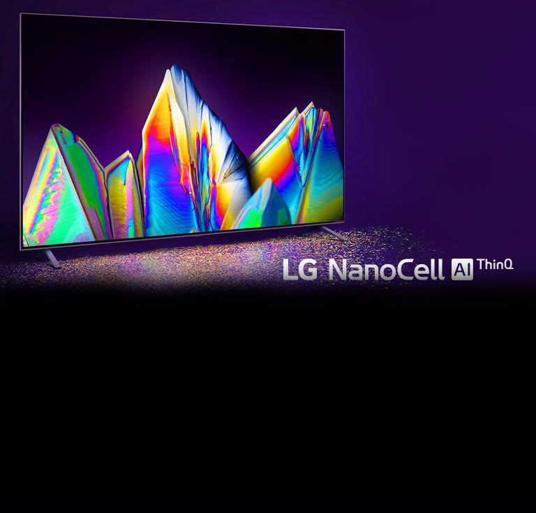 Un téléviseur NanoCell qui affiche des cristaux sur l’écran. Des particules de couleurs sont visibles au sol.