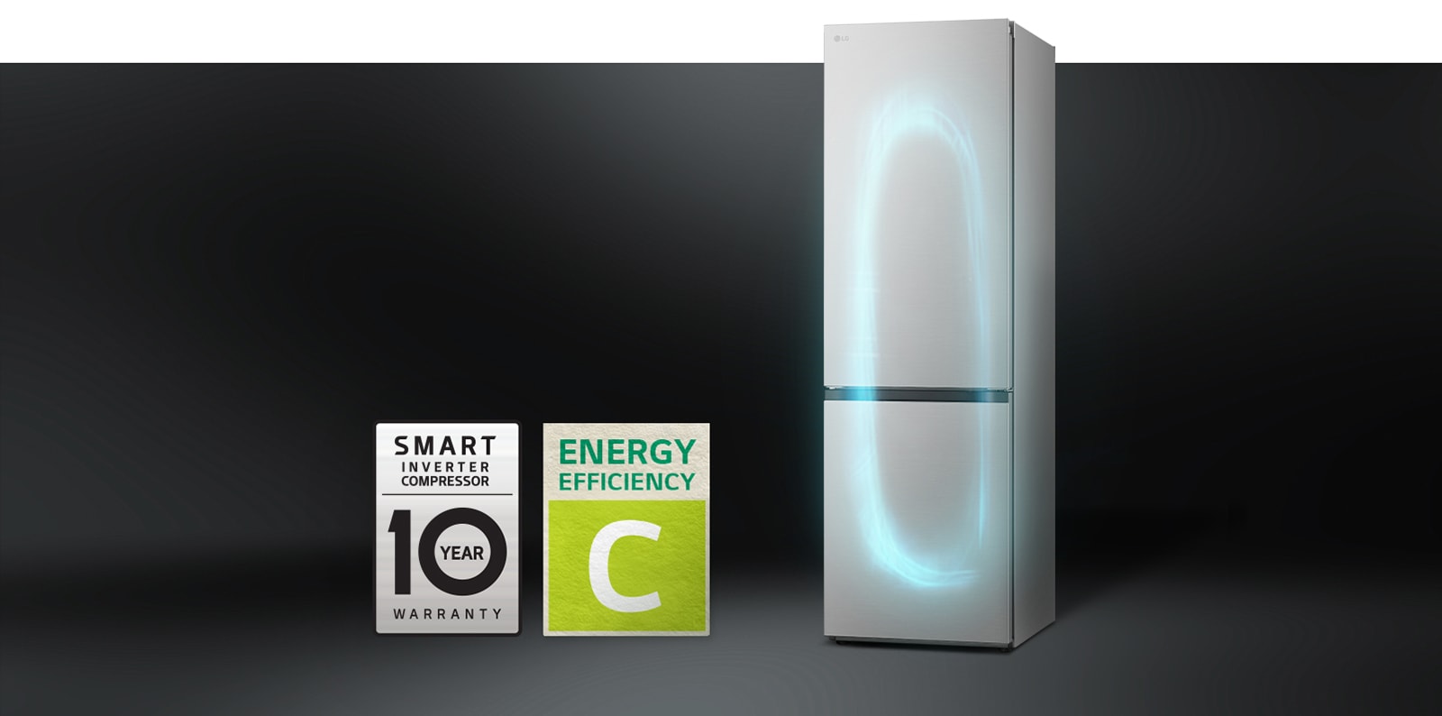 Réfrigérateur avec système de refroidissement efficace par smart inverter compressor et étiquette de garantie de 10 ans du compresseur.