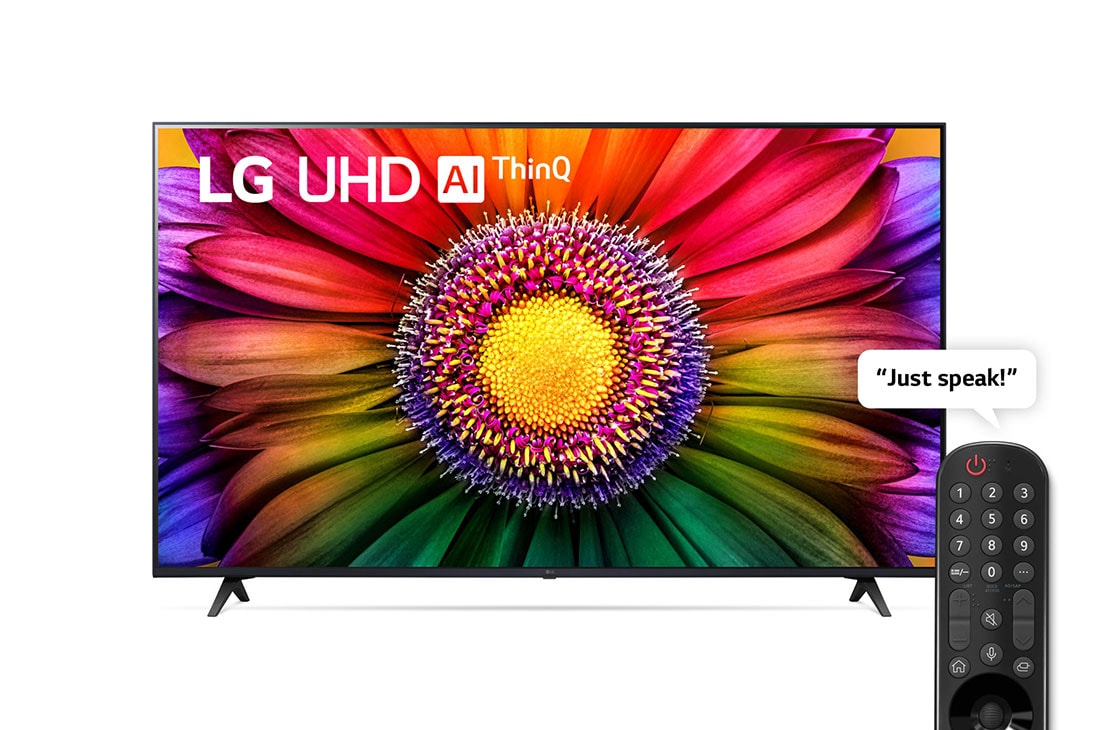 LG Smart TV LG UHD UR80 I 86 pouces I 4k Processeur IA α7 Gen6 I ThinQ AI  I Magic Remote, HDR, WebOS  , Vue avant du téléviseur UHD de LG, 86UR80006LA