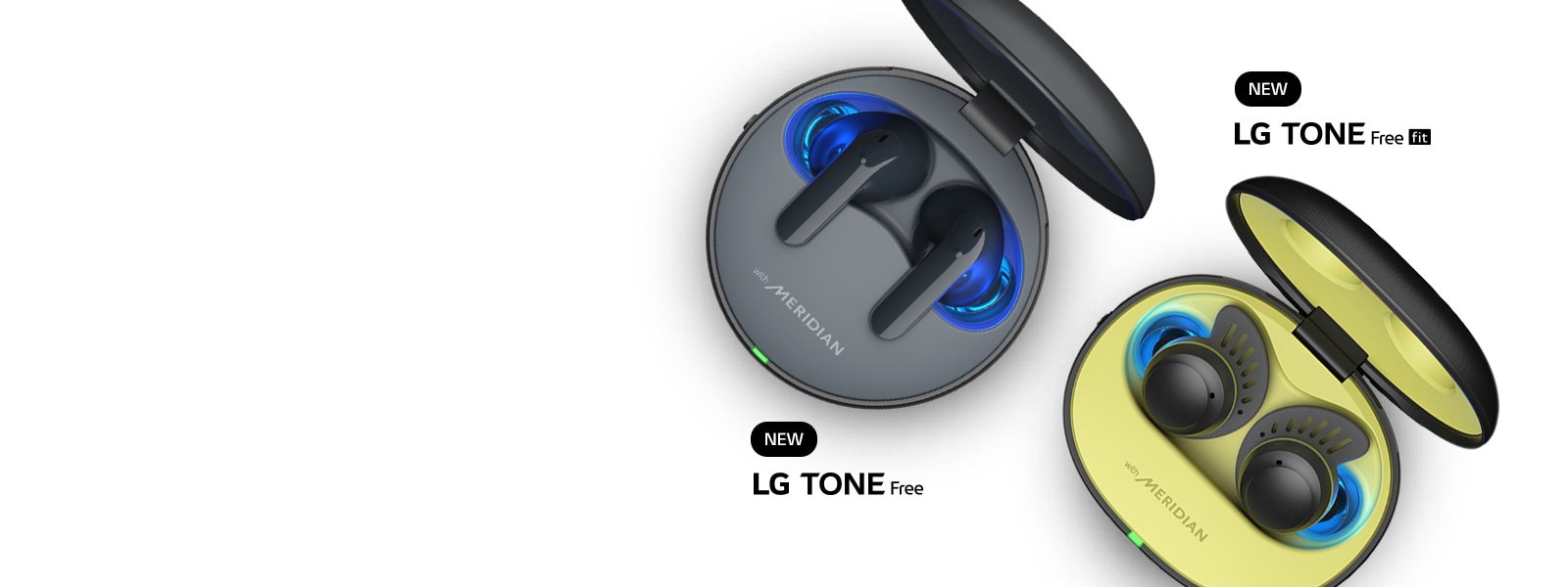 Una vista aérea de los audífonos LG TONE Free Fit y TONE Free T90 dentro de su estuche contra un fondo blanco. Aparecen las palabras “Nuevo LG TONE Free Fit” y “Nuevo LG TONE Free”.