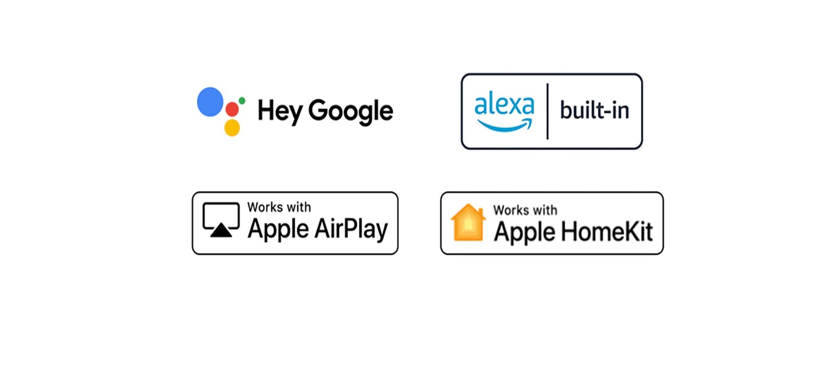 Detalles que muestran logotipos de Hey Google, alexa, Apple Airplay y Apple HomeKit en los que ThinQ AI es compatible.