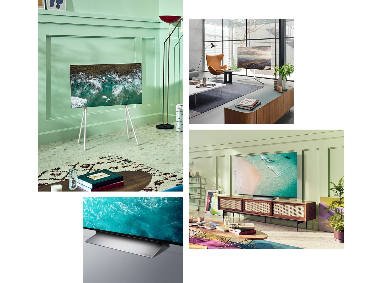 Un LG OLED C2 con Floor Stand está en la esquina de una habitación color menta. Un LG OLED C2 con Gallery Stand frente a una ventana grande en una habitación moderna. Un LG OLED C2 descansa sobre un mueble de televisión antiguo en una habitación verde lima con arte y muebles coloridos. Primer plano en ángulo de la base del LG OLED C2.