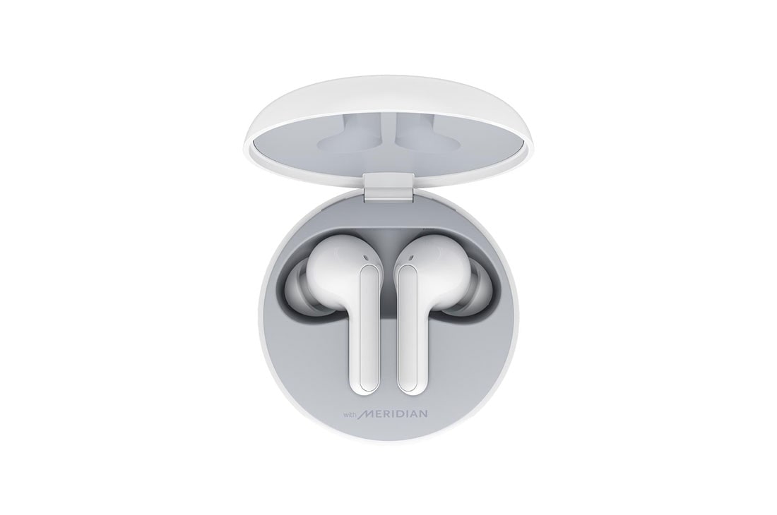 LG TONE Free FN4 - Audífonos Inalámbricos Bluetooth con Geles para oído Hipoalergénicos de Grado Médico  - Blancos, Vista superior del estuche cargador abierto y dos audífonos en su interior con iluminación UV encendida, HBS-FN4