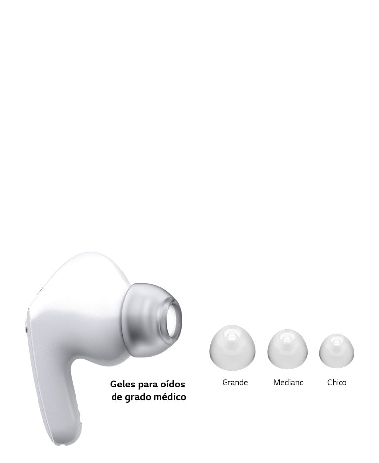 Una imagen de un auricular blanco y un juego de tres geles para los oídos de diferentes tamaños (grande, mediano, pequeño).