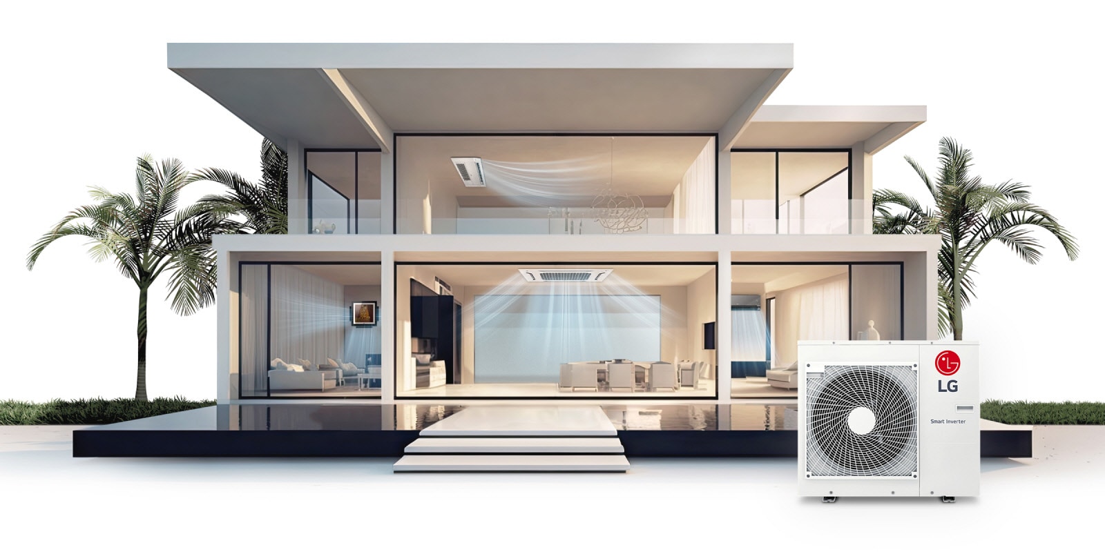 Una mansión de dos plantas muestra cuatro unidades interiores LG a través de grandes ventanales de cristal, con su flujo de aire perceptible, y una unidad Smart Inverter LG en el exterior.
