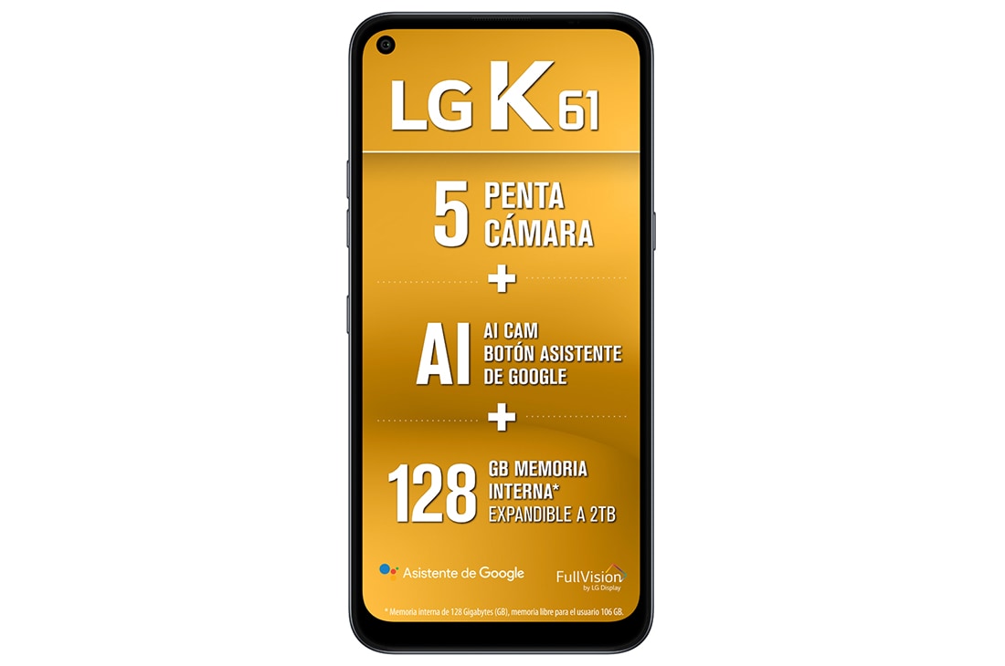 LG K61, Penta cámara (4 cámaras traseras y 1 frontal), Vista Frontal, LMQ630HA