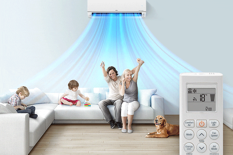 A family sits on a couch in a living room with the LG air conditioner installed above them. Blue lines of air are coming out indicating the machine is on. In the foreground is the front of the remote control showing the buttons and temperature.