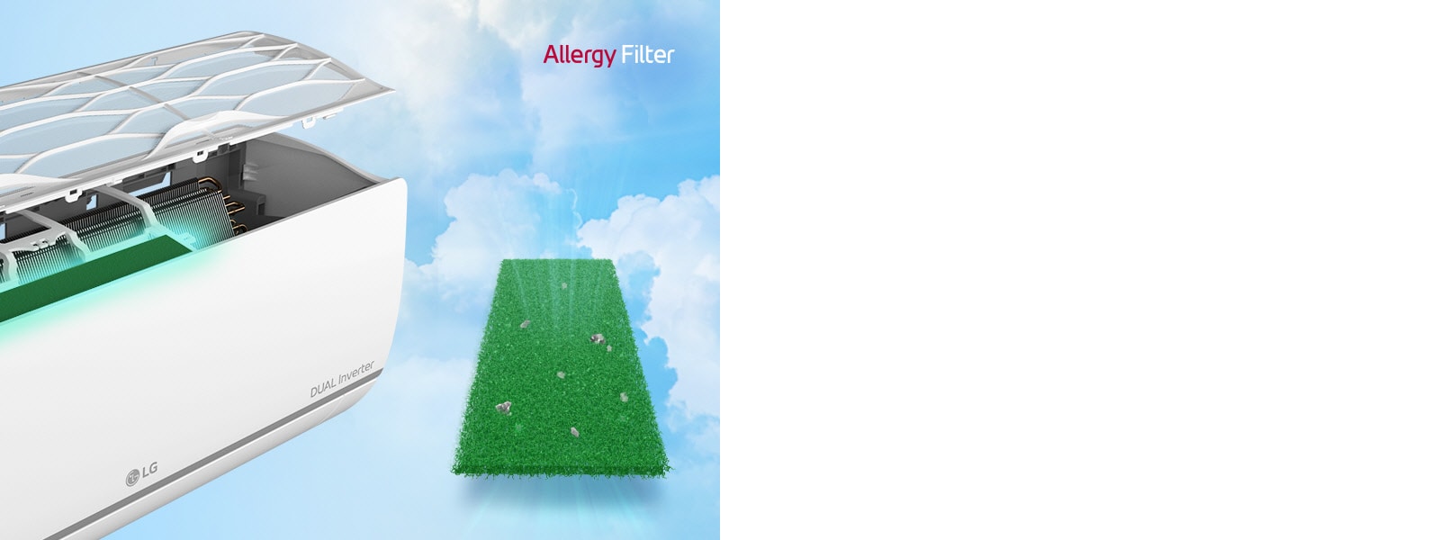 The side angle of the air conditioner is shown with the filters floating above to show the allergy filter installed inside. Beside the machine is the entire green allergy filter with dust mites caught in it. The Allergy Filter logo is in the upper right corner.