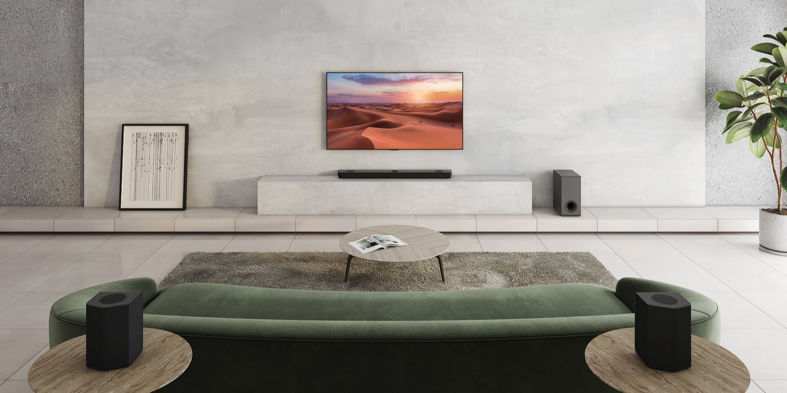There is TV showing a nature image. A sound bar, a subwoofer, and 2 rear speakers in a wide living room. A wave with grid is coming out from sound bar, measuring the entire space of living room. 