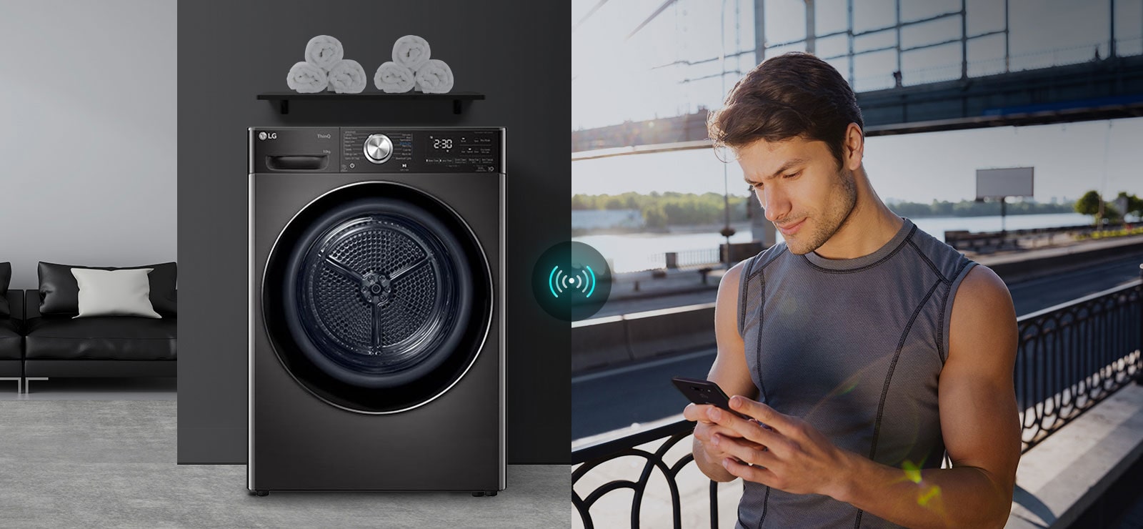 Three icons at the top indicate there are three images in a carousel. The first icon, labelled "Remote Control", is red. An image on the left shows the dryer. An image on the right shows a man looking down at his phone from outside. In the center is a connectivity icon showing a control the dryer through app.