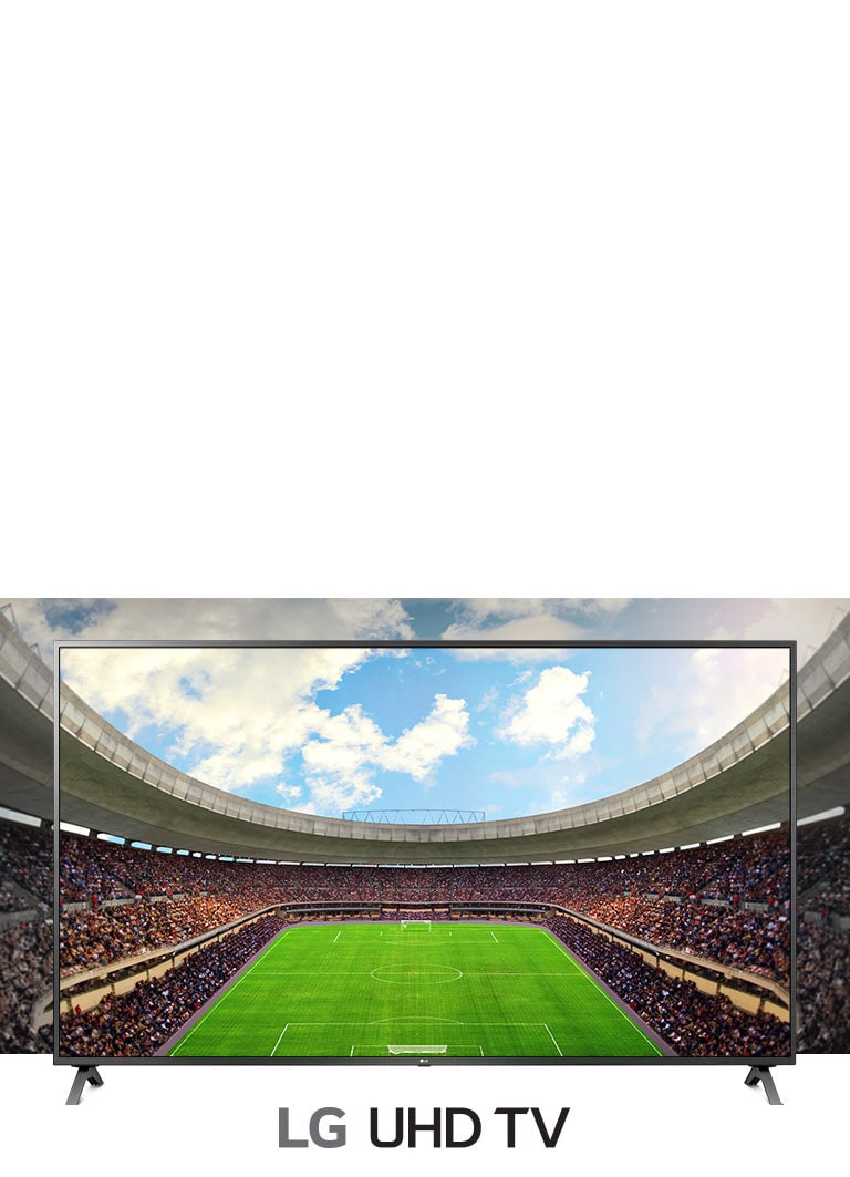 A panoramic view of the soccer stadium filled with spectators  shown inside a TV frame.