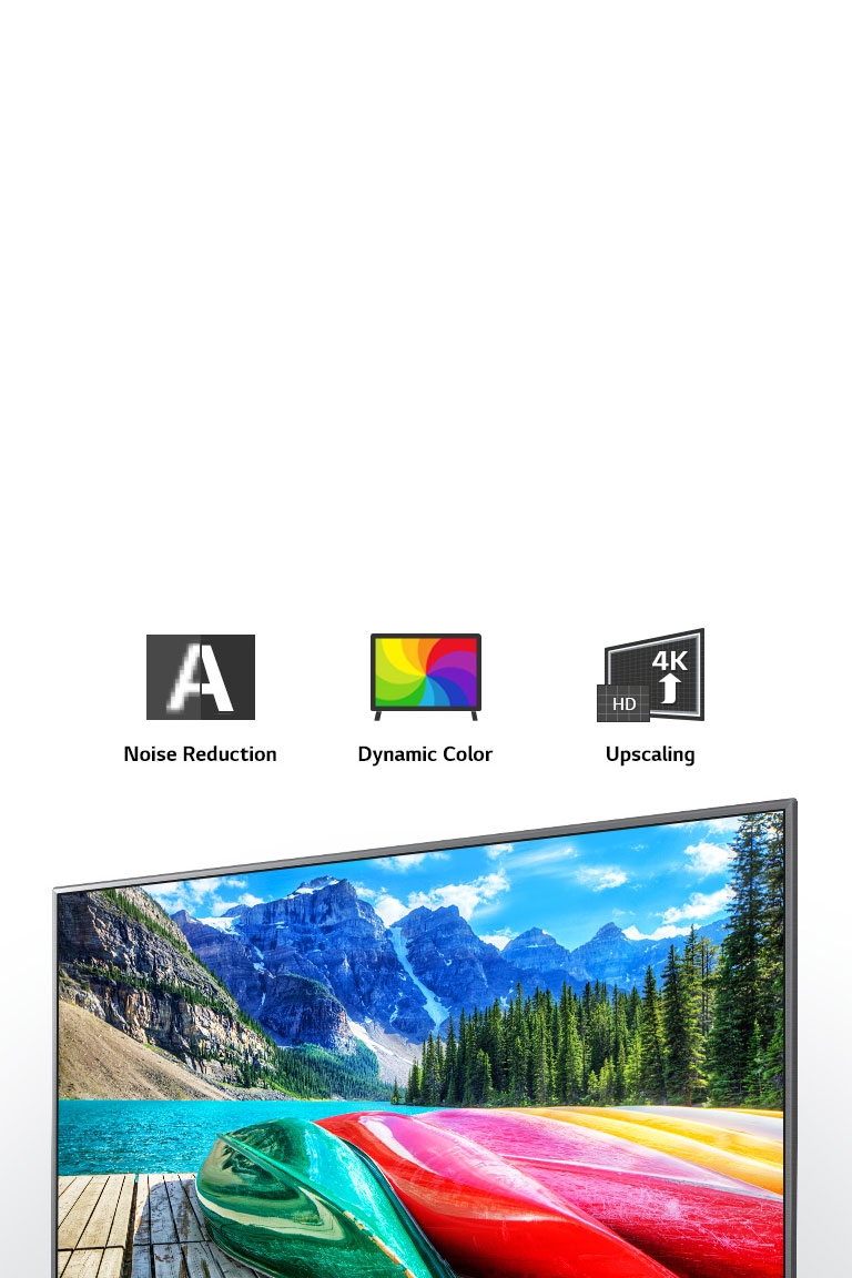 Noise reduction, dynamic color, and upscaling icons and a TV screen showing  a scenic shot of mountains, forest, and a lake.